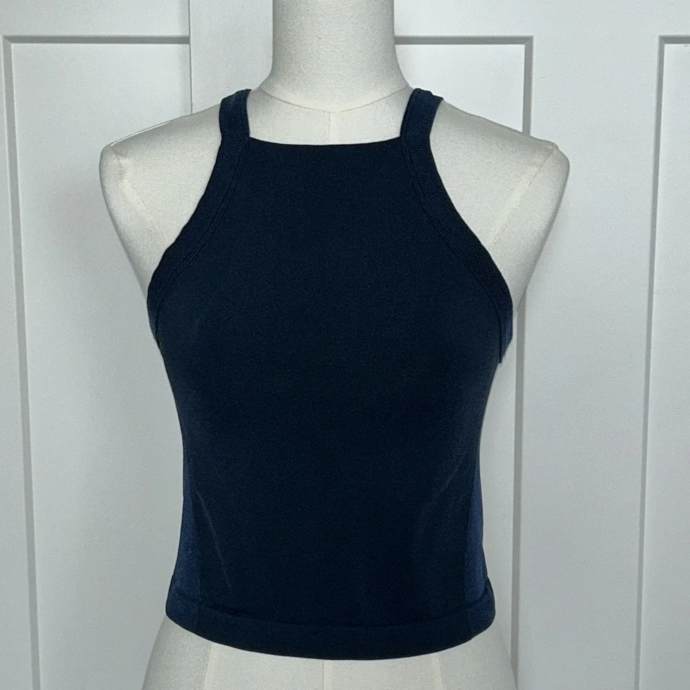 Lululemon High-Neck Cropped Racerback Tank Top Women's 10/12? - Navy Blue EUC!! - Picture 2 of 8